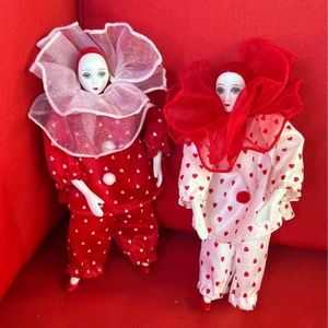 Porcelain Dolls Clown Red and White with Small Hearts, and Ruffled Collar 4”